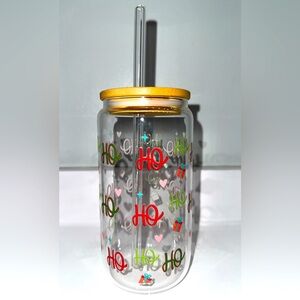 Festive Glass Tumbler with Straw
